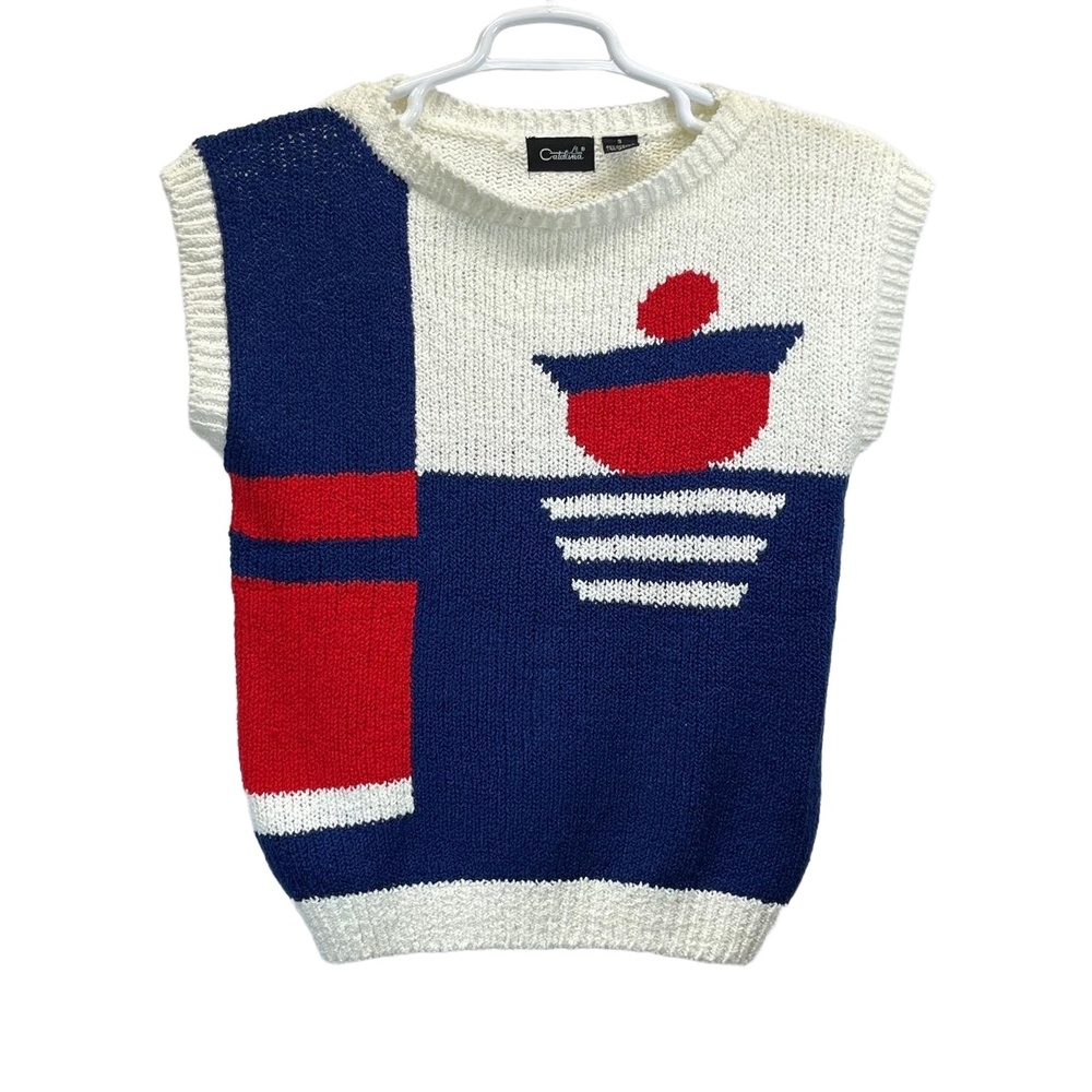 Vintage Catalina Red White‎ Blue Womens 60s/70s Mod Geometric S/S Sweater Small